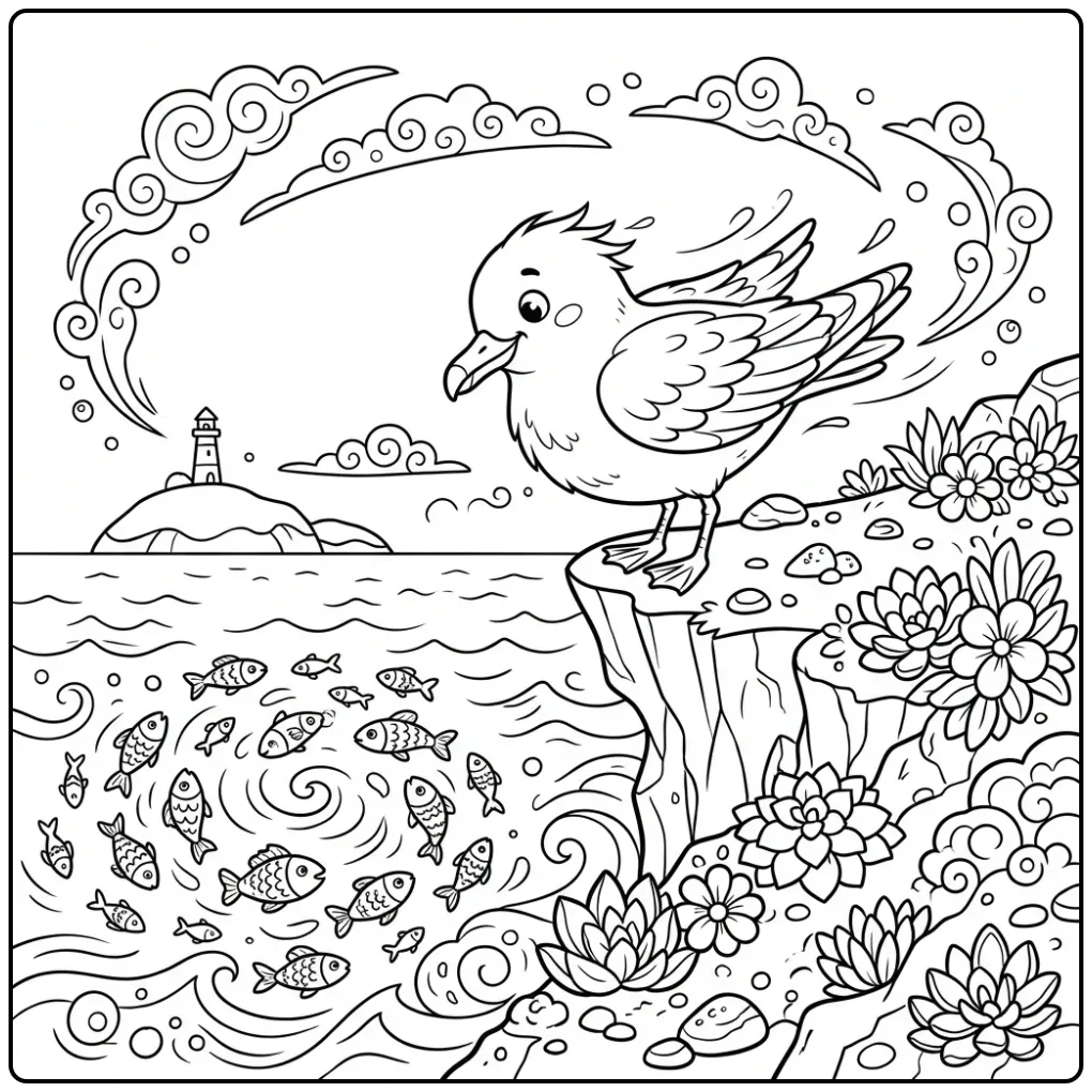 Seagull coloring page looking at fish from a cliff