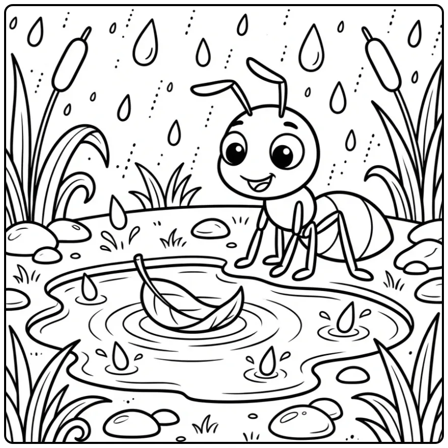 Ant coloring page showing an ant by a puddle and leaf boat