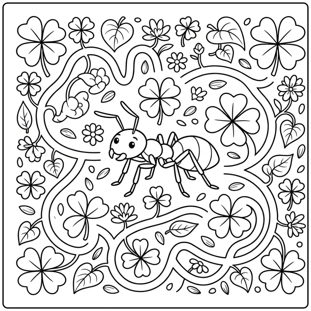 Ant coloring page featuring an ant in a clover maze