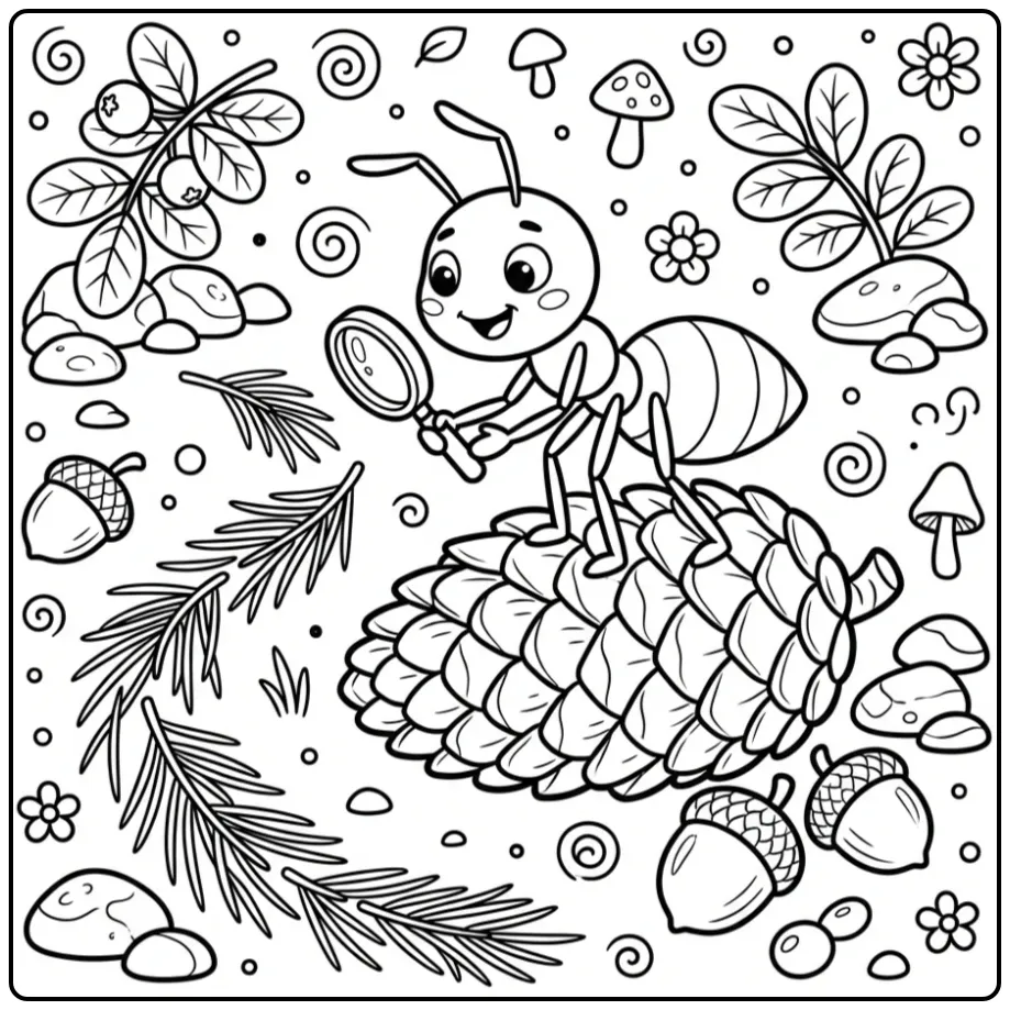 Ant coloring page showing an ant on a pine cone