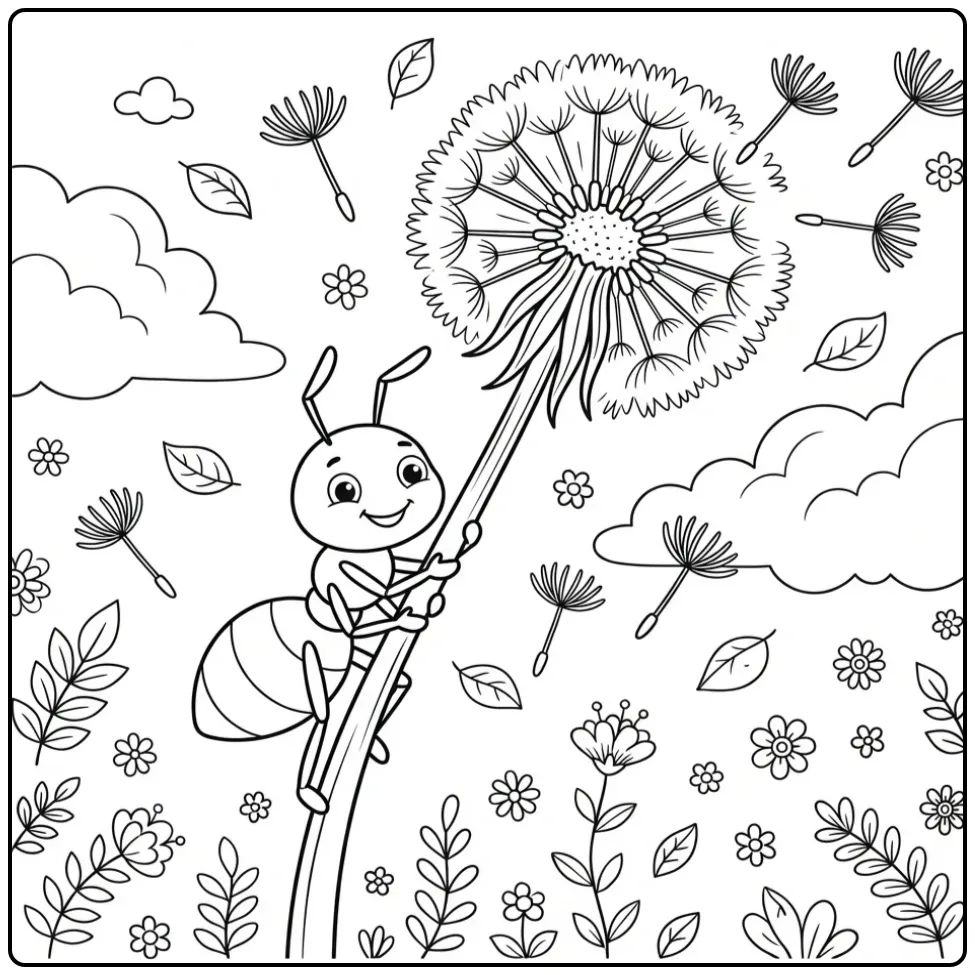 Ant coloring page featuring an ant on a dandelion stem
