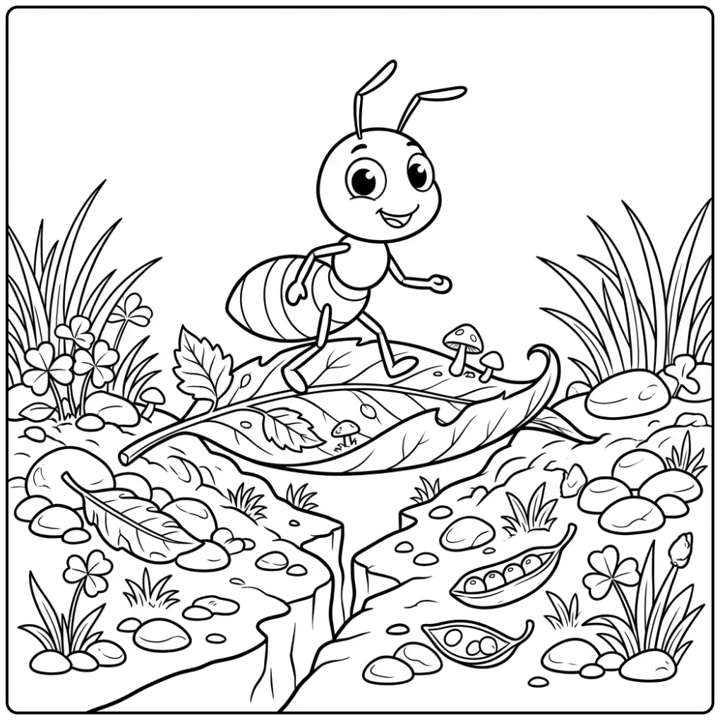 Ant coloring page featuring an ant crossing a leaf bridge