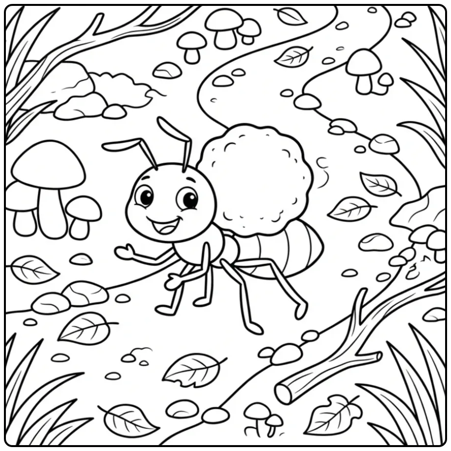 Ant coloring page showing an ant carrying a crumb