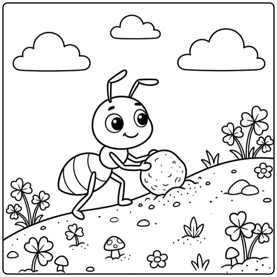 Ant coloring page featuring an ant pushing a pebble uphill