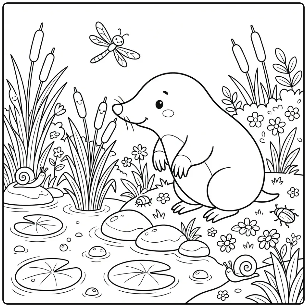 Mole coloring page by a pond with reeds and a dragonfly
