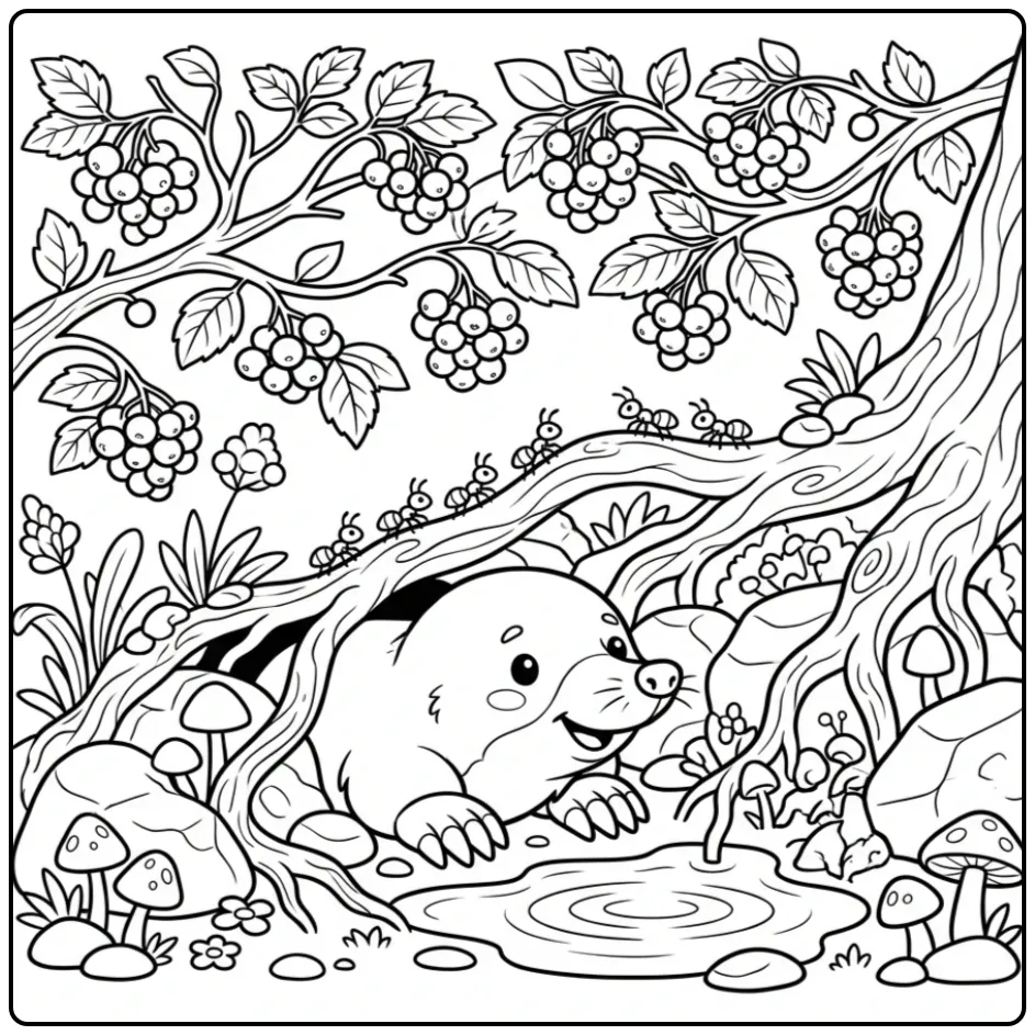 Mole coloring page among stones and branches