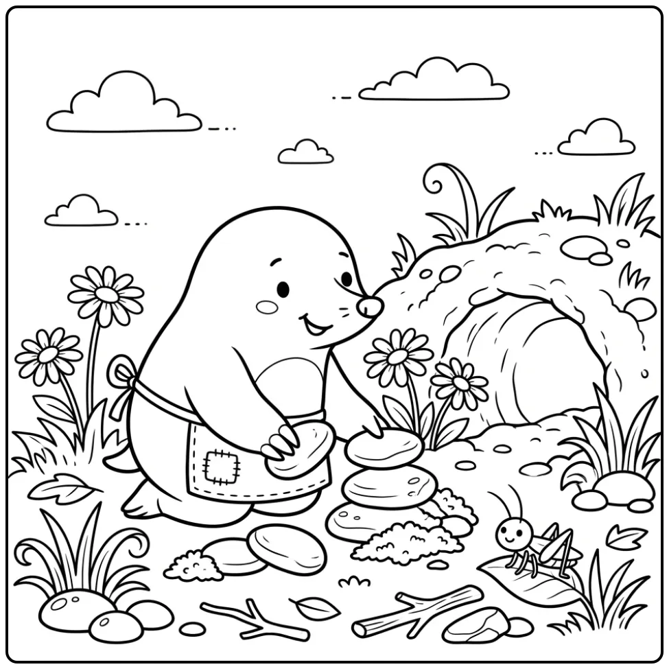 Cheerful mole coloring page by its burrow with a small cricket