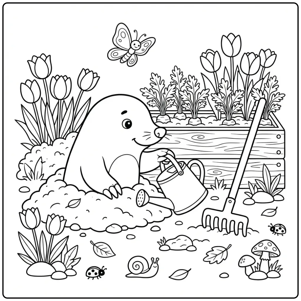 Mole coloring page with a watering can and butterfly in the garden
