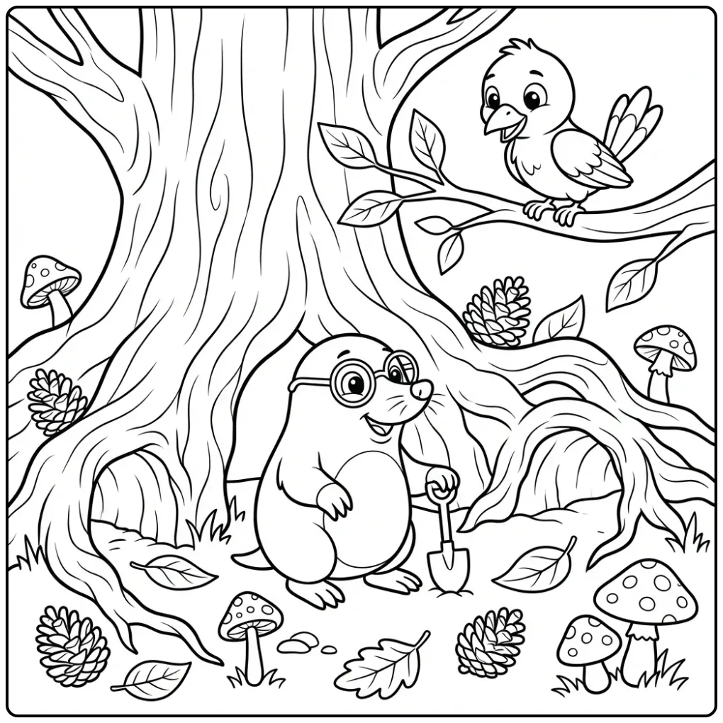 Mole coloring page digging under tree roots and pinecones