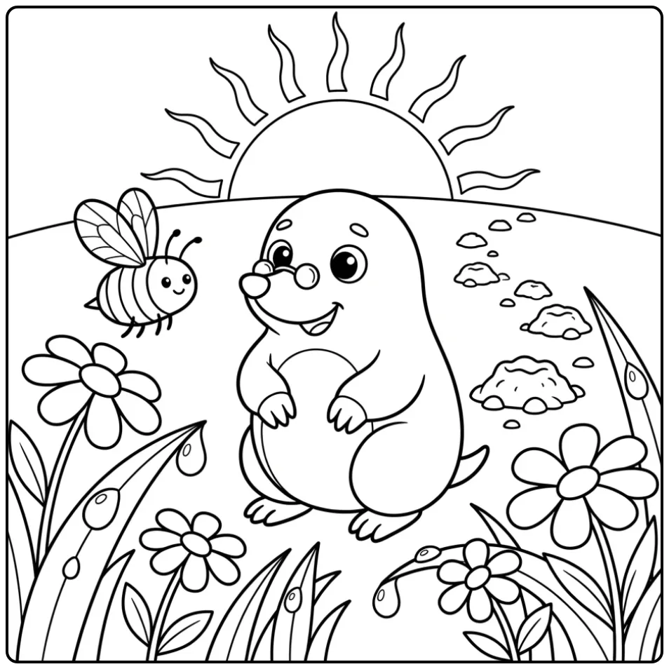 Cheerful mole coloring page among flowers and a buzzing bee