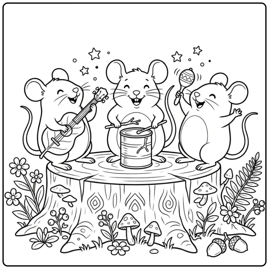 Cute Mouse Band on a Tree Stump Stage coloring page