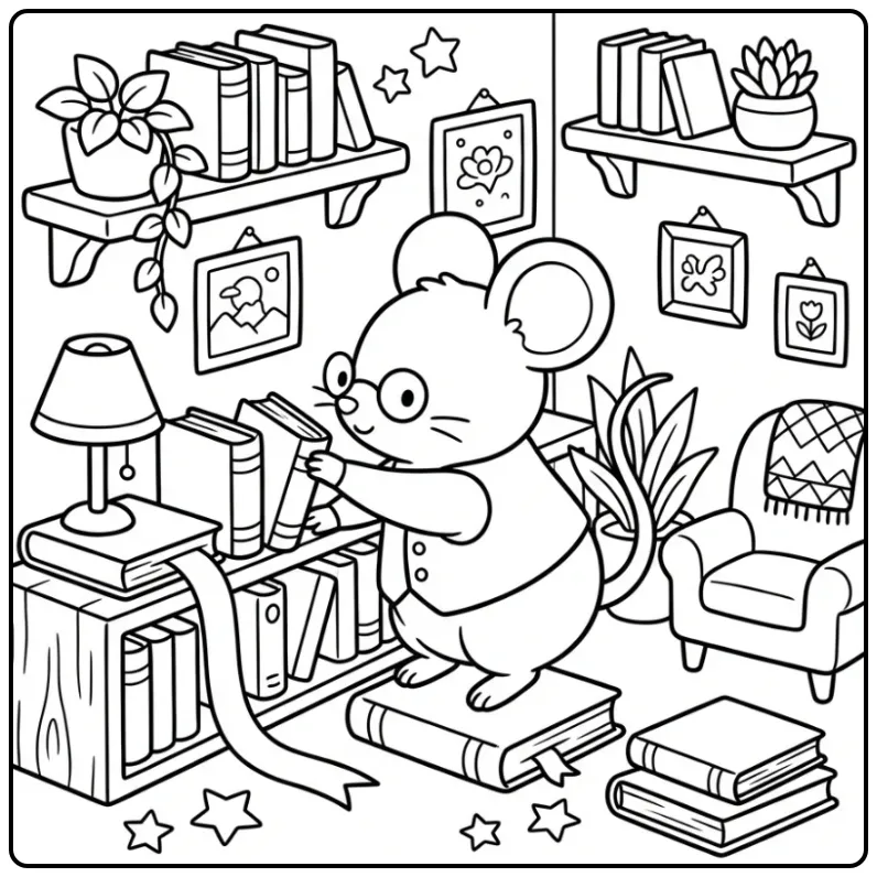 Cute Mouse in a Small Book Nook coloring page