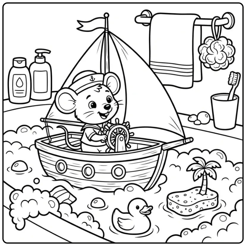 Cute Mouse in a Sailboat with a Rubber Duck coloring page