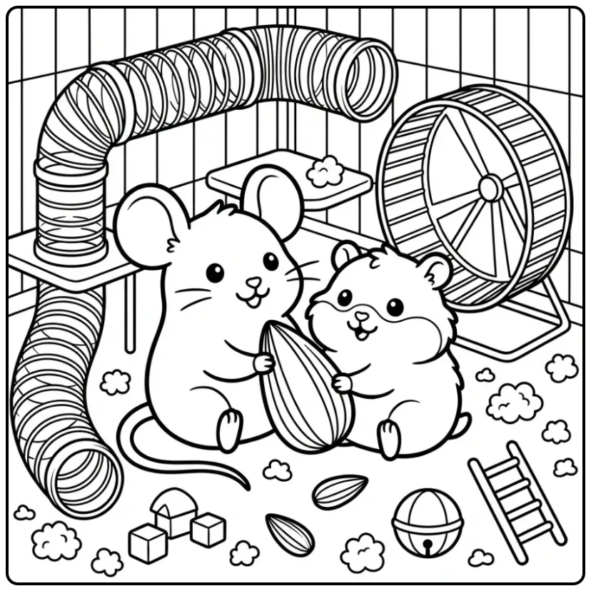 Cute Mouse with a Hamster in a Play Paradise coloring page