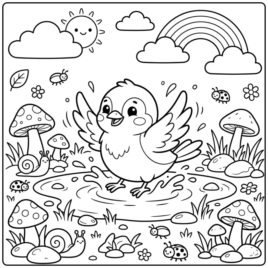 Cute Sparrow in a Rain Puddle coloring page