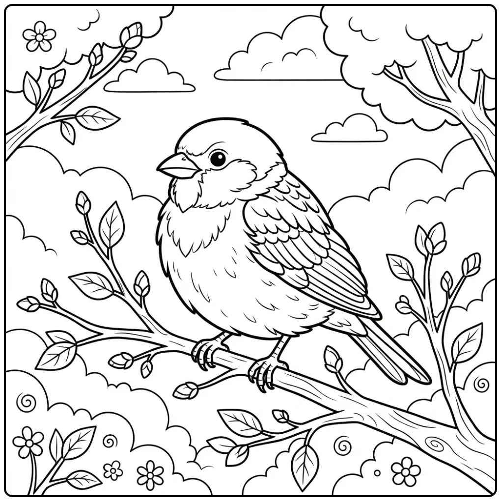 Cute Sparrow on a Twig in the Spring coloring page
