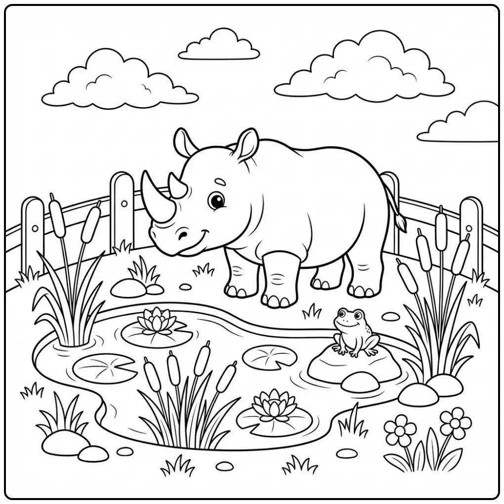 Rhino coloring page showing a rhino by the pond