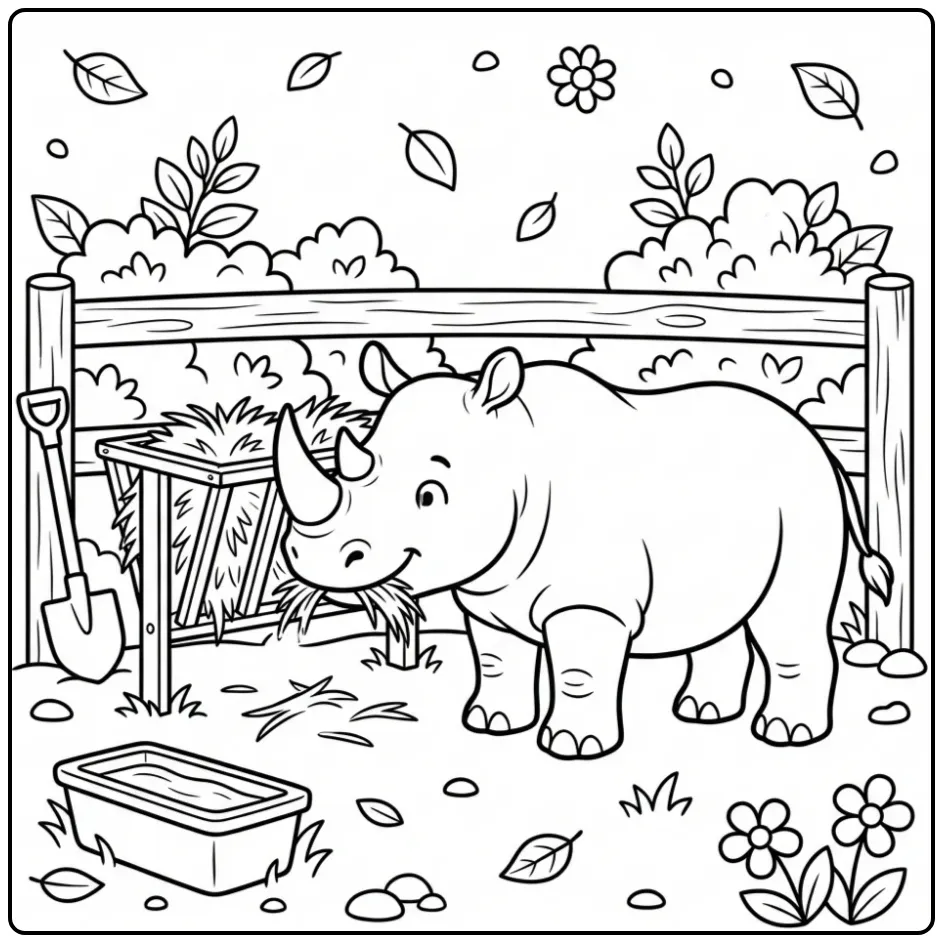 Rhino coloring page showing a rhino eating hay in the zoo