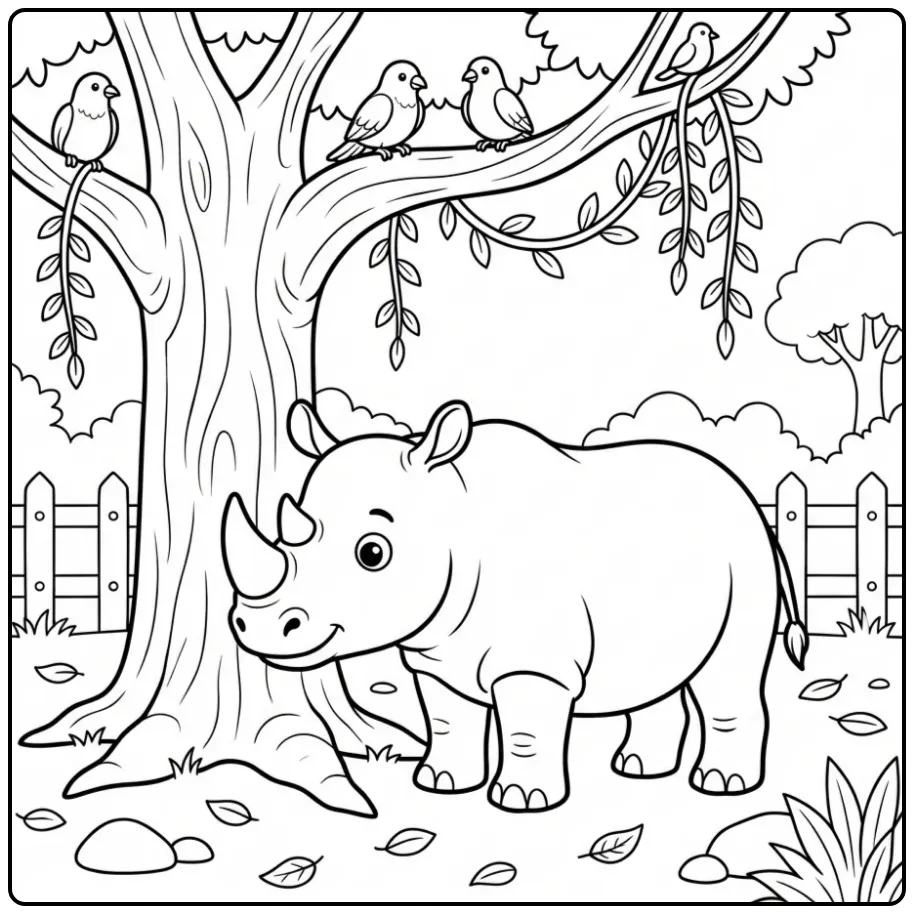 Rhino coloring page featuring a rhino under a tree