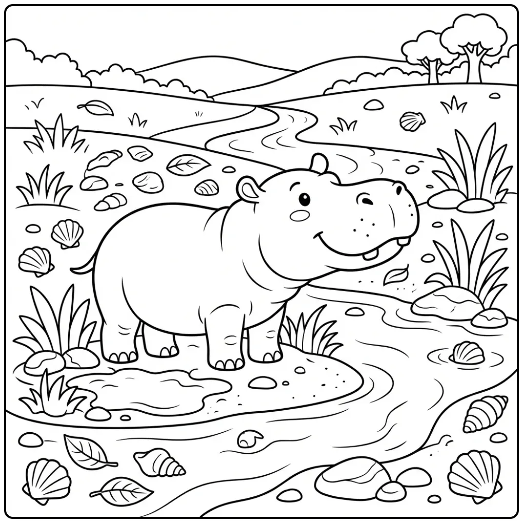 Hippo coloring page featuring a hippo by the river