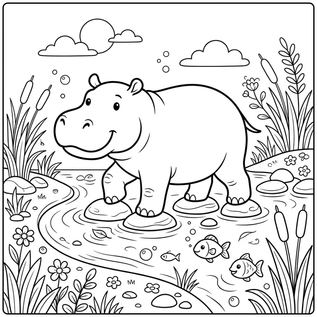 Hippo coloring page featuring a hippo crossing the river
