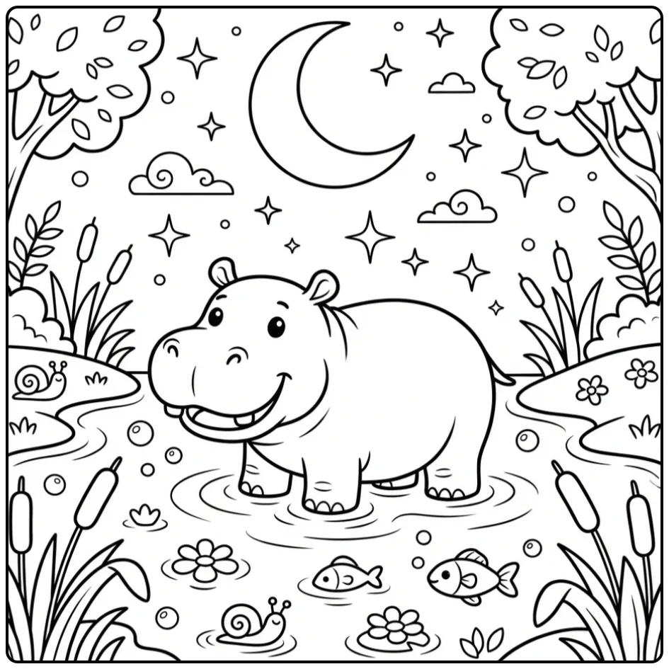 Hippo coloring page featuring a hippo at night