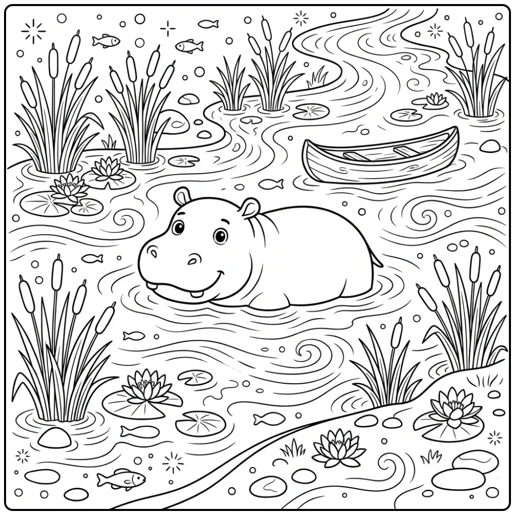 Hippo coloring page showing a hippo in the river