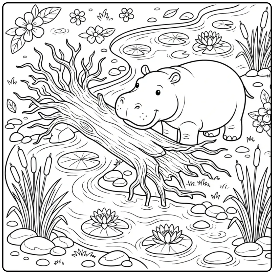 Hippo coloring page showing a hippo near a log