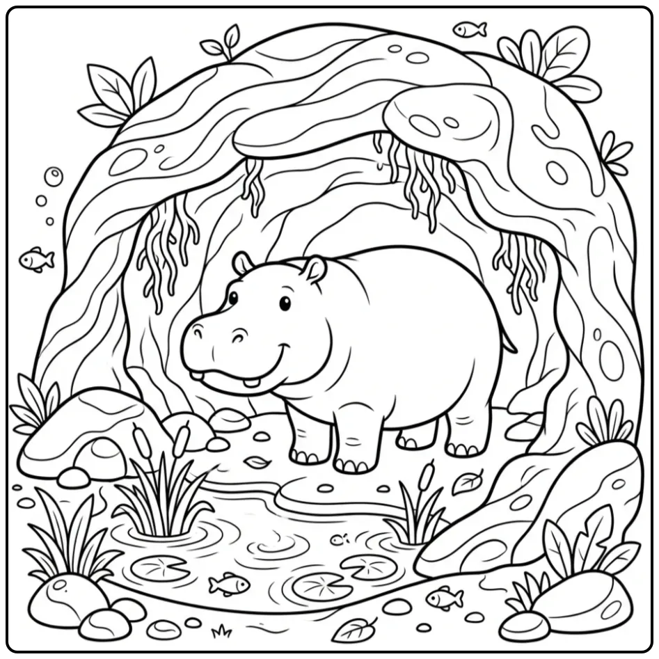 Hippo coloring page showing a hippo in a cave