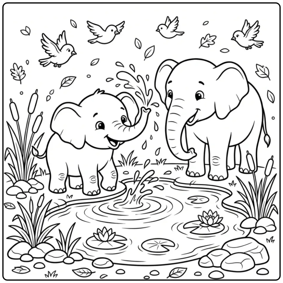 Elephant coloring page with a young elephant at a watering hole