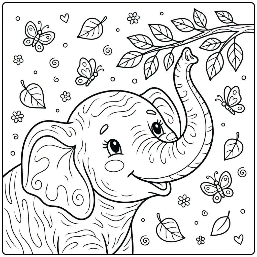 Elephant coloring page with a raised trunk and butterflies