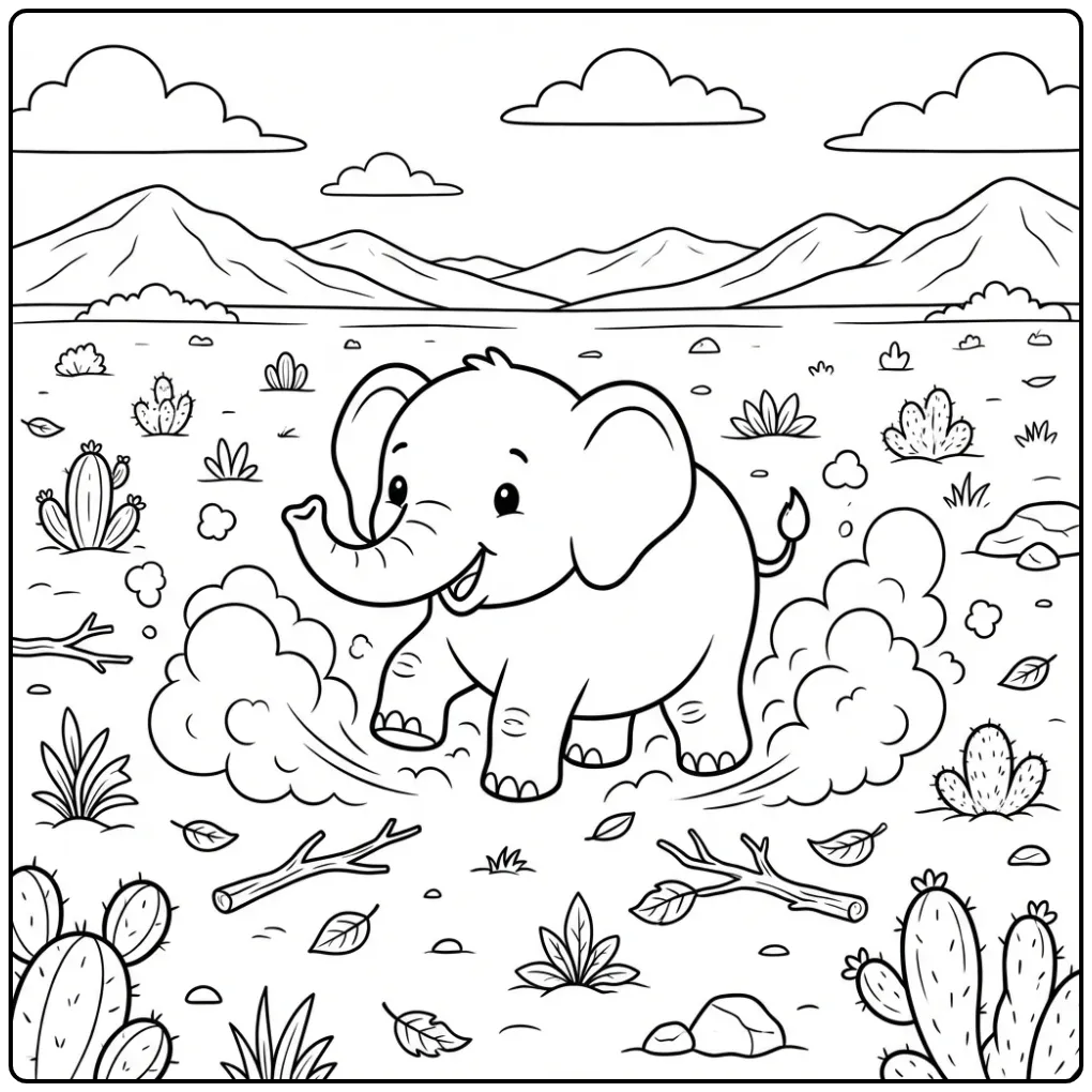 Elephant coloring page with dust clouds and mountains