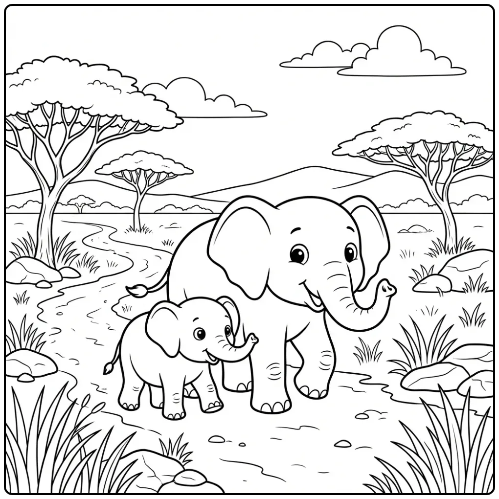 Elephant coloring page with a mother and calf on the savanna