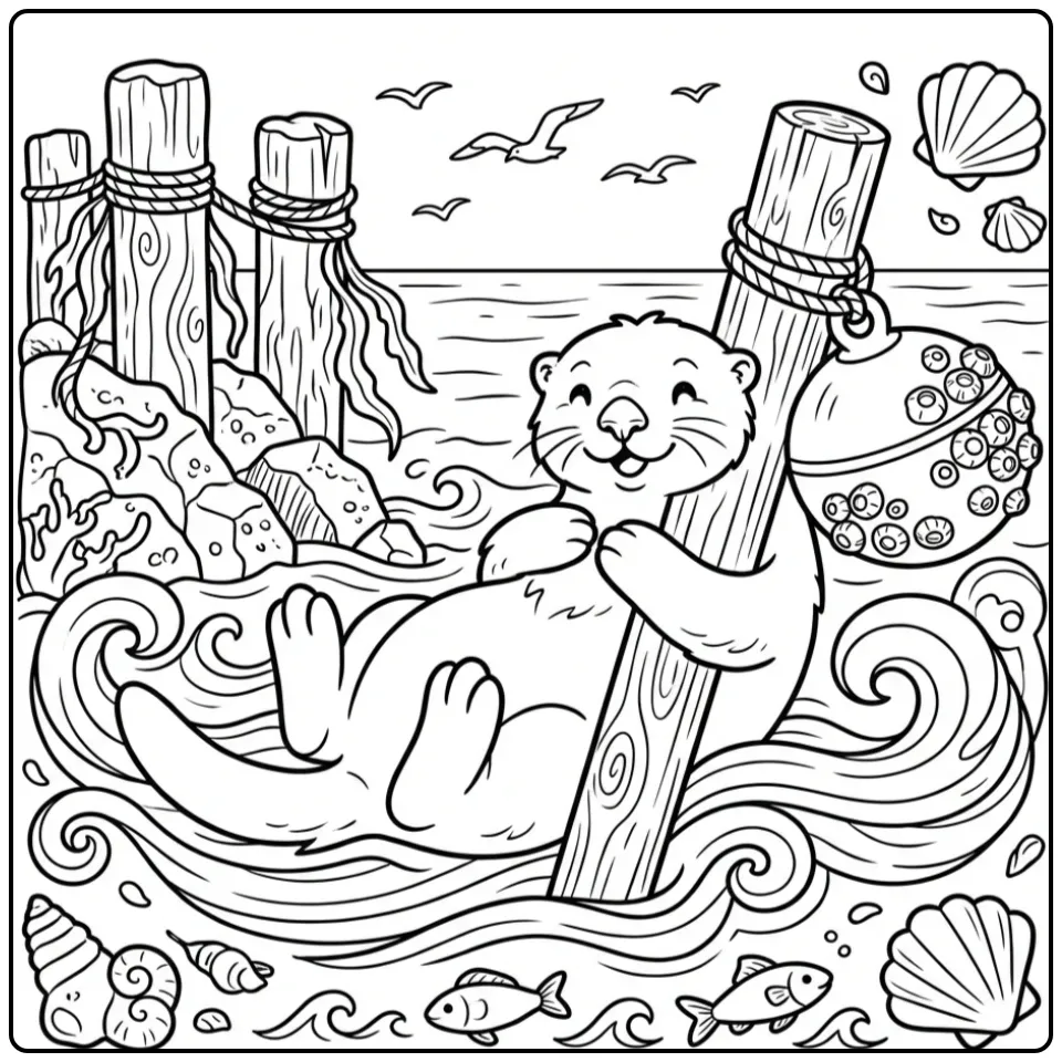 Otter coloring page featuring an otter with a buoy
