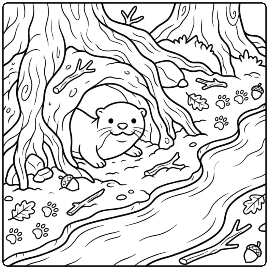 Otter coloring page showing an otter in a burrow