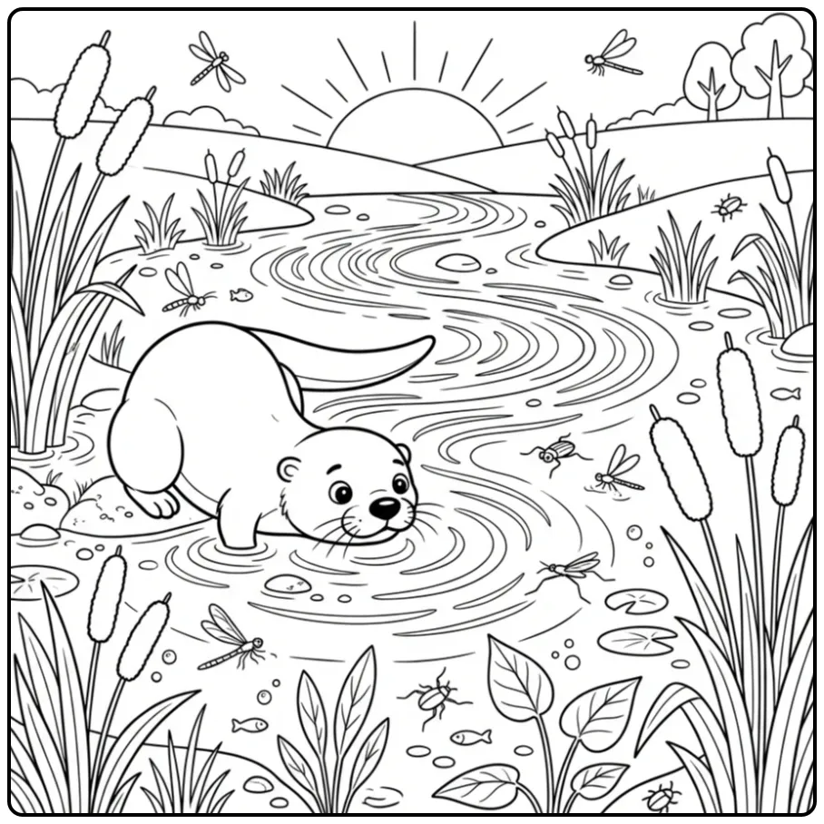 Otter coloring page featuring an otter in the reeds