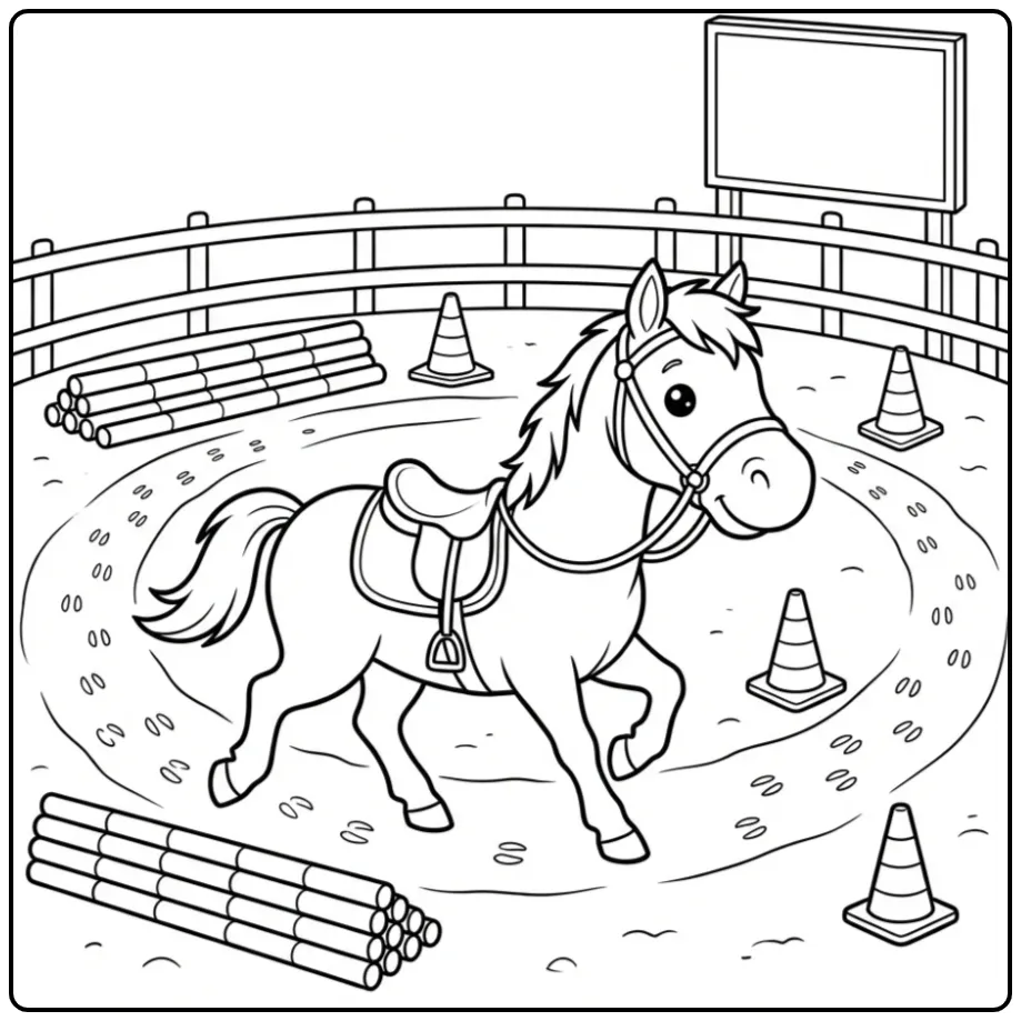 Cute Horse in the Riding Arena with Obstacles coloring page