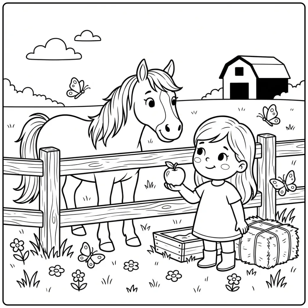 Cute Horse with Girl by a Fence coloring page