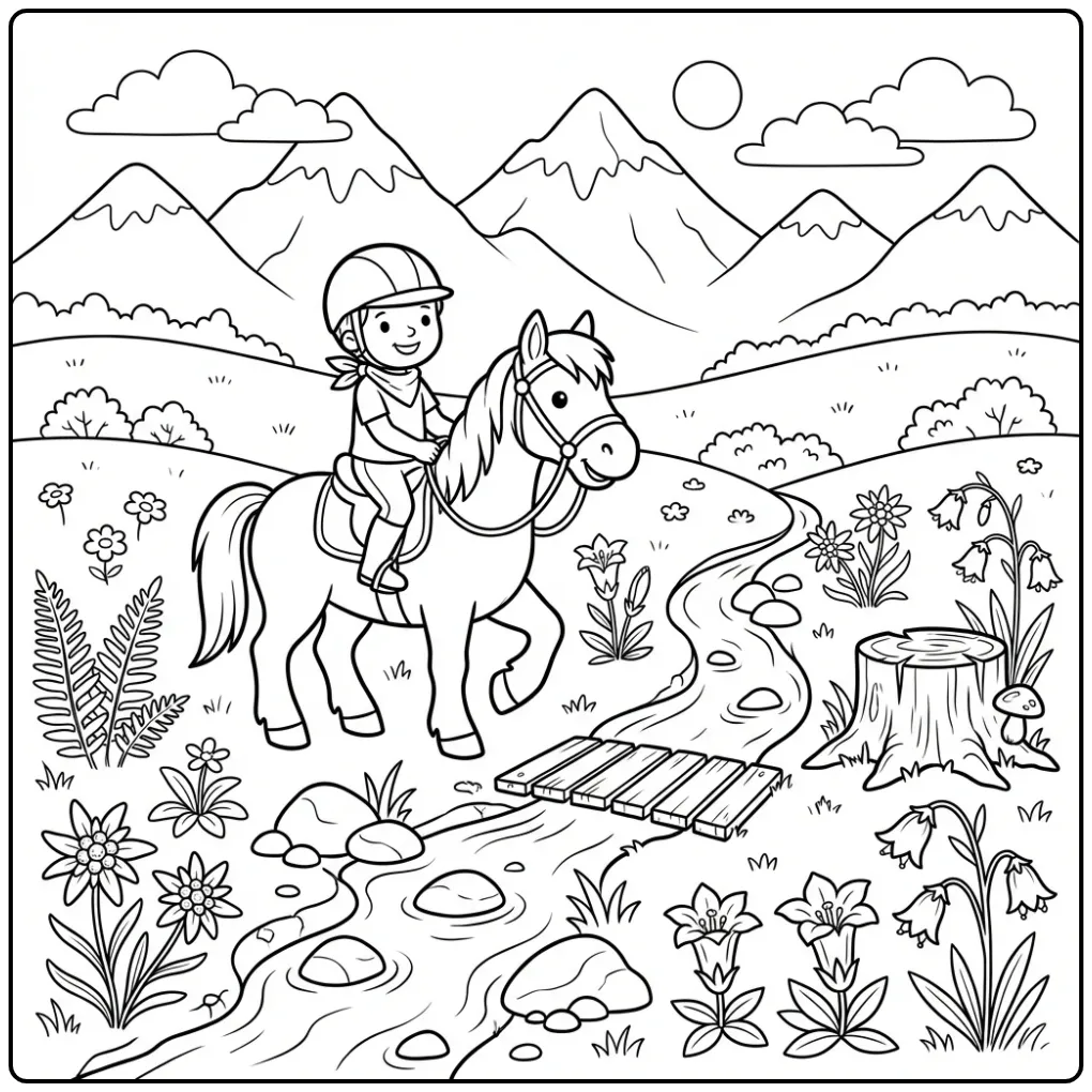 Cute Horse with Rider with a Small Stream coloring page