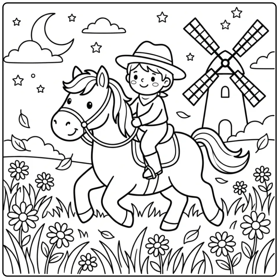 Cute Horse with Rider in the Meadow coloring page