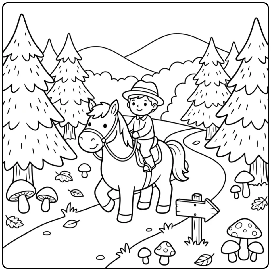 Cute Horse with Rider in the Forest coloring page