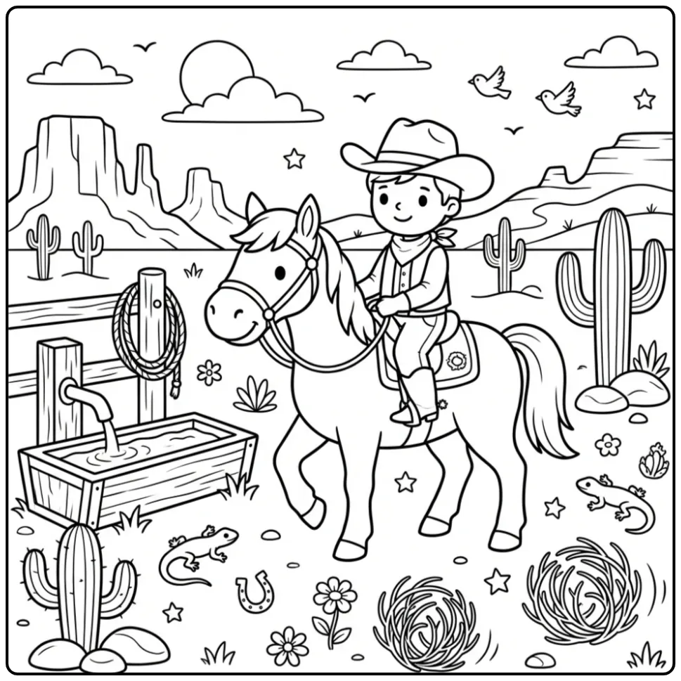 Cute Horse with Rider in the Wild West coloring page