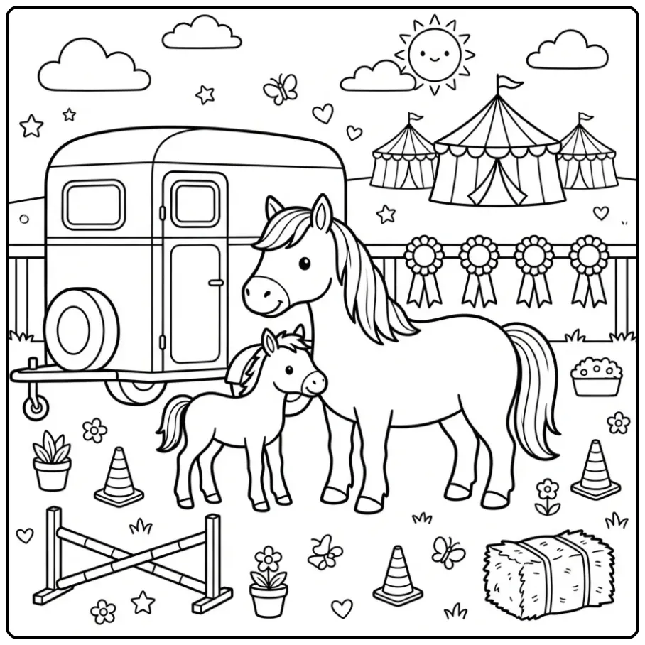 Cute Horse Foal with the Trailer coloring page