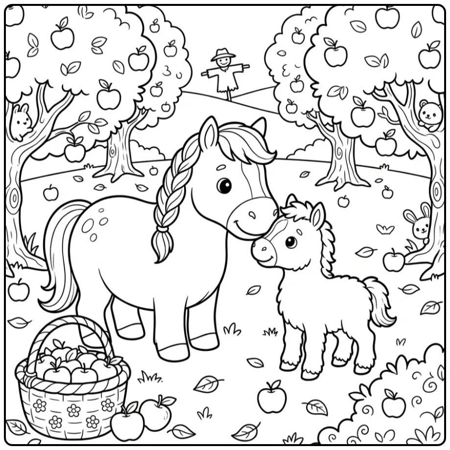 Cute Horse with Foal in the Orchard coloring page