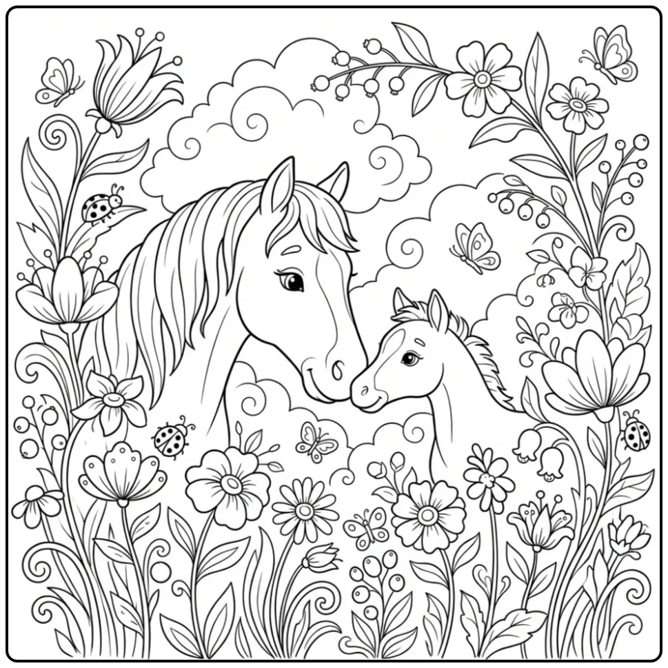 Cute Horse with Foal Nose to Nose coloring page