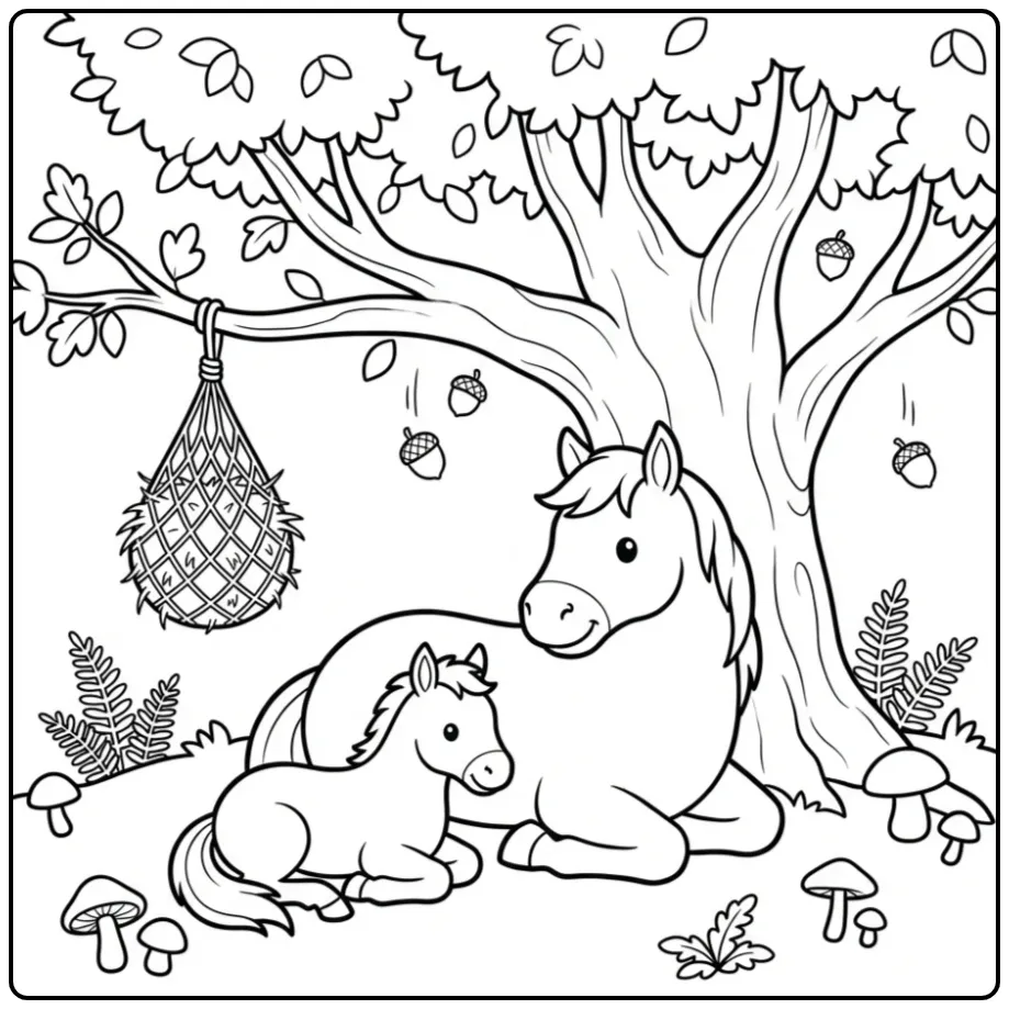 Cute Horse with Foal Under a Tree coloring page