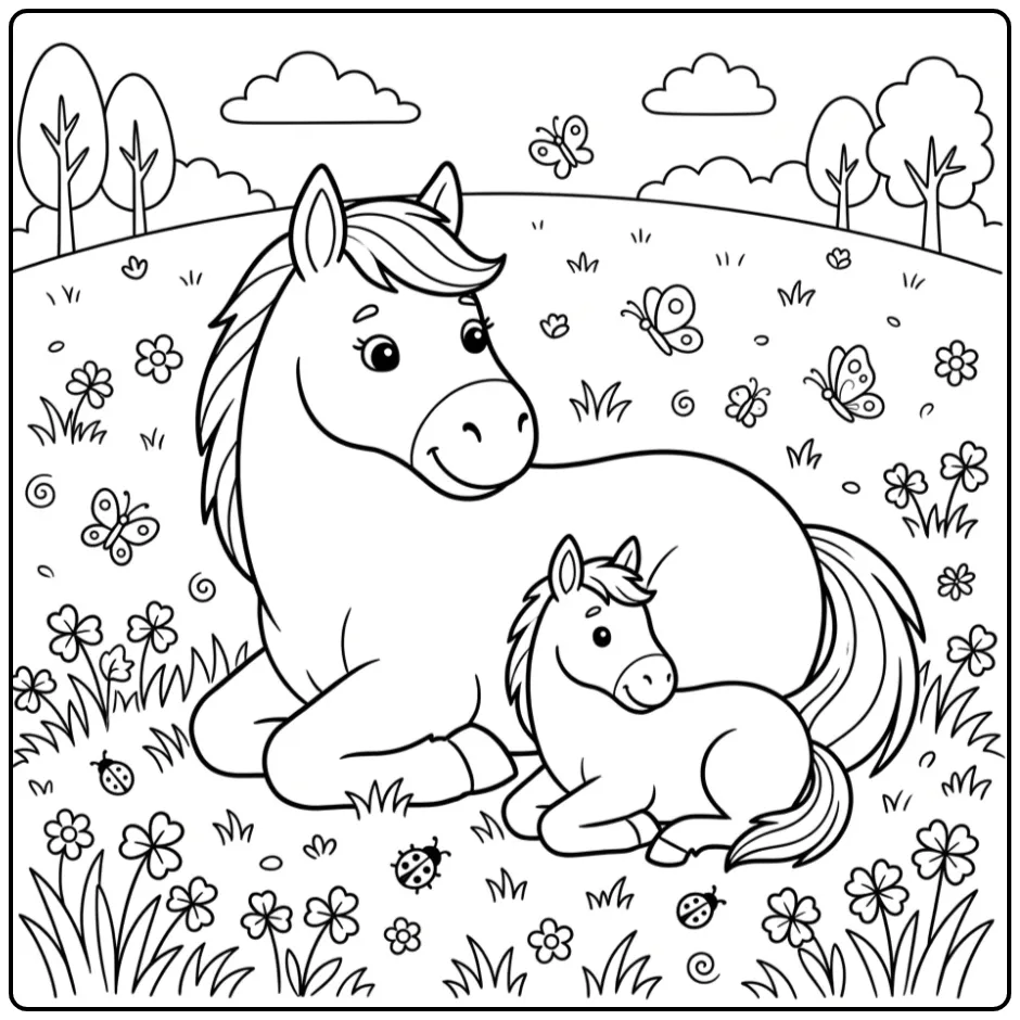 Cute Horse with Foal Sleeping in the Meadow coloring page