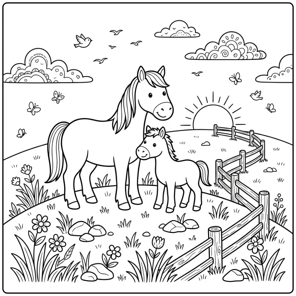 Cute Horse with Foal for Children coloring page