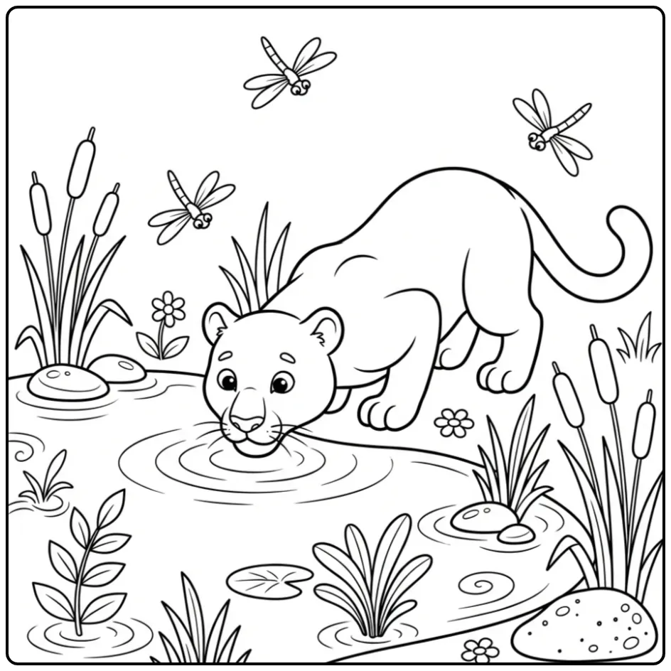 Cute Panther Drinking by the River coloring page