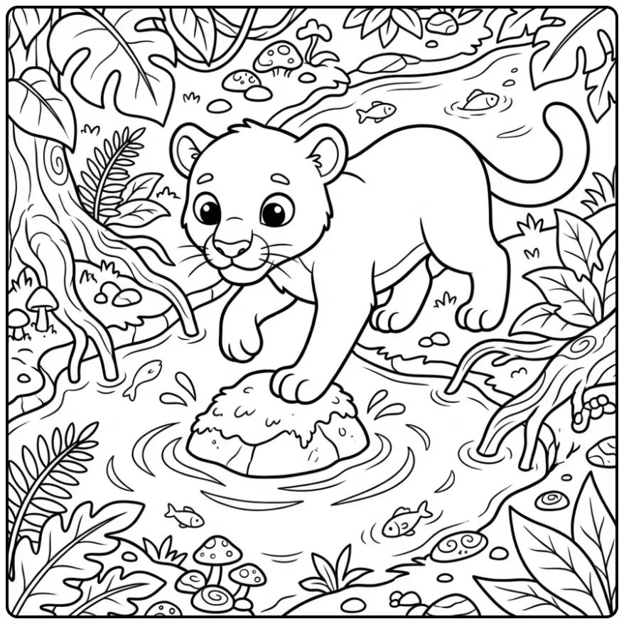 Cute Panther Crossing a Small Stream coloring page